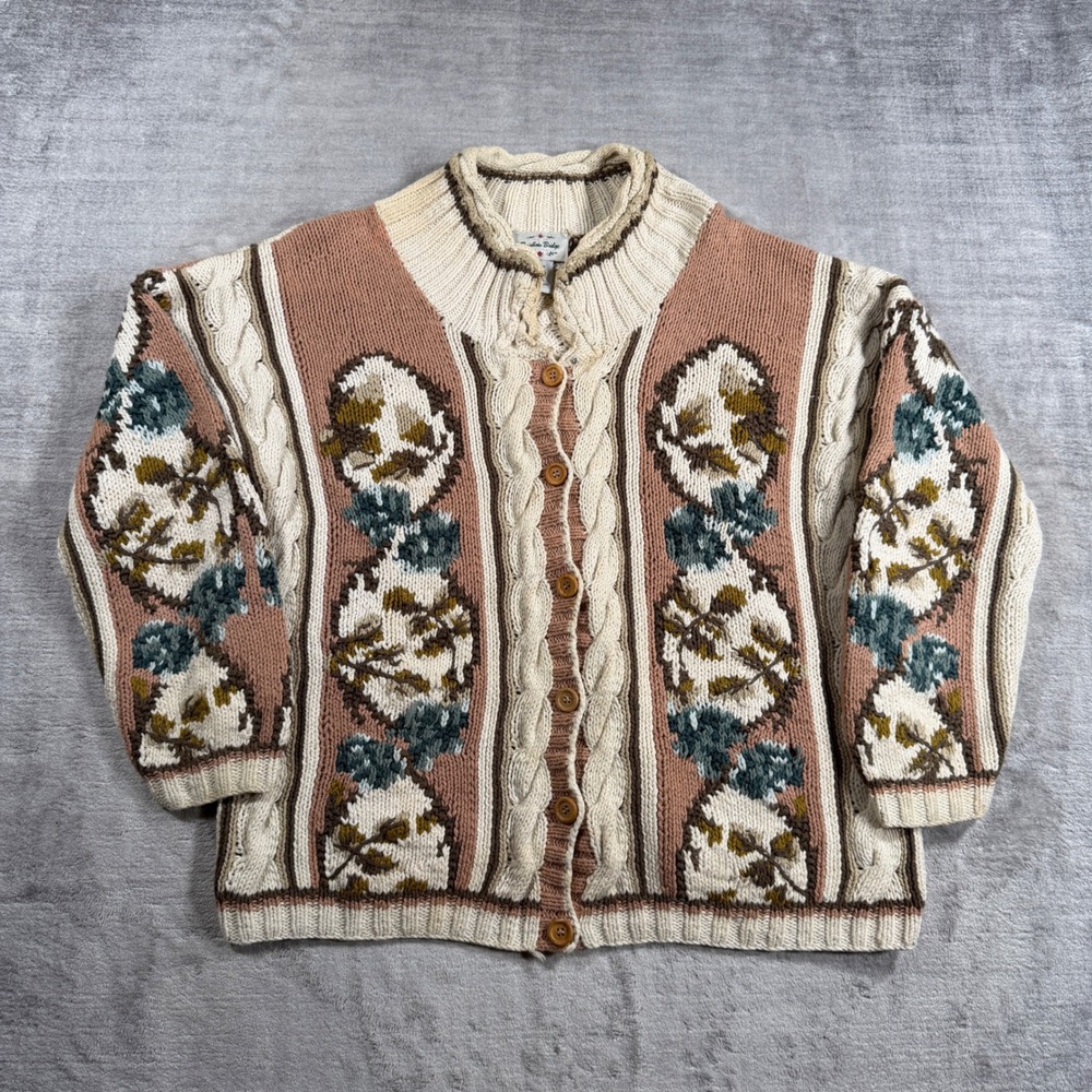 Rainbow Bridge Cardigan Women Large Pink Floral Cable Knit Chunky Boho Sweater